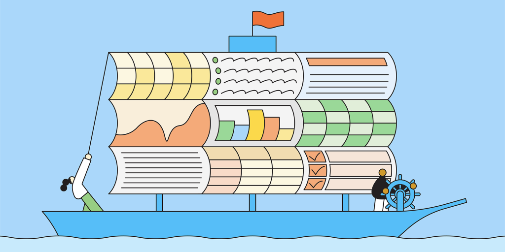 Digital art of a boat with one person hoisting its sails, and another person steering the wheel.